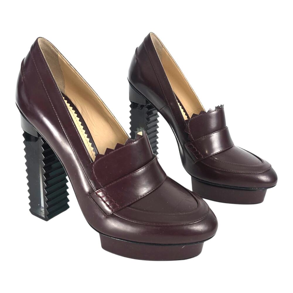 Aperlai High Heel Loafer Lucite Zig Zag Heel Platform Oxblood Burgundy Size 38